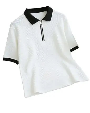 Textured Zip Polo T-Shirt - White - image 1
