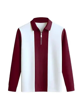 Striped Full Sleeve Zip Polo T-Shirt - Maroon - image 1
