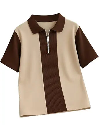 Vertical Stripe Zip Polo T-Shirt - Beige & Brown - image 1