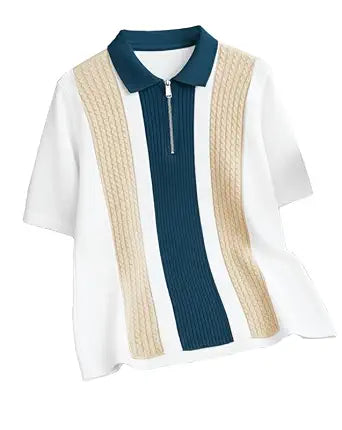 Cable Knit Quarter-Zip Polo T-Shirt - Multicolor2 - image 1