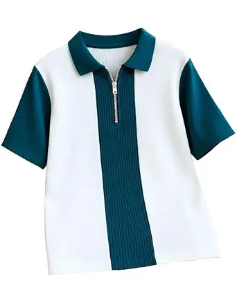 Vertical Stripe Zip Polo T-Shirt - White & Teal - image 1