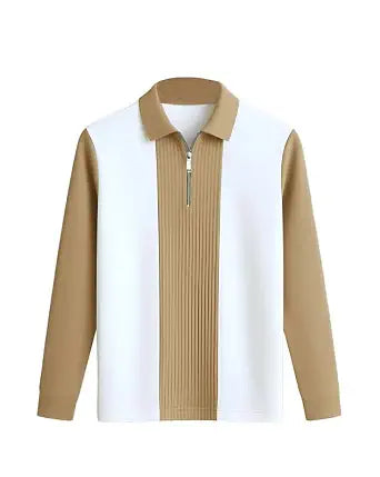 Striped Full Sleeve Zip Polo T-Shirt - Beige - image 1