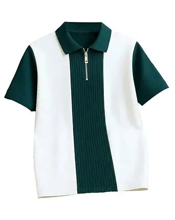 Vertical Stripe Zip Polo T-Shirt - White & Teal - image 1