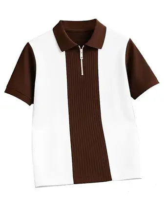Vertical Stripe Zip Polo T-Shirt - Brown & White - image 1