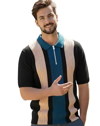 Cable Knit Quarter-Zip Polo T-Shirt - Multicolour - image 1