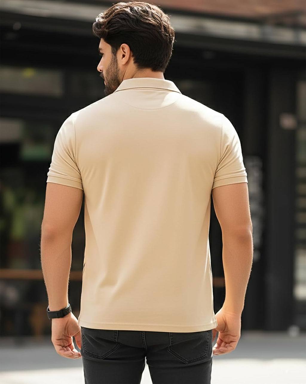 Striped Zip Polo T-Shirt - Beige - image 3