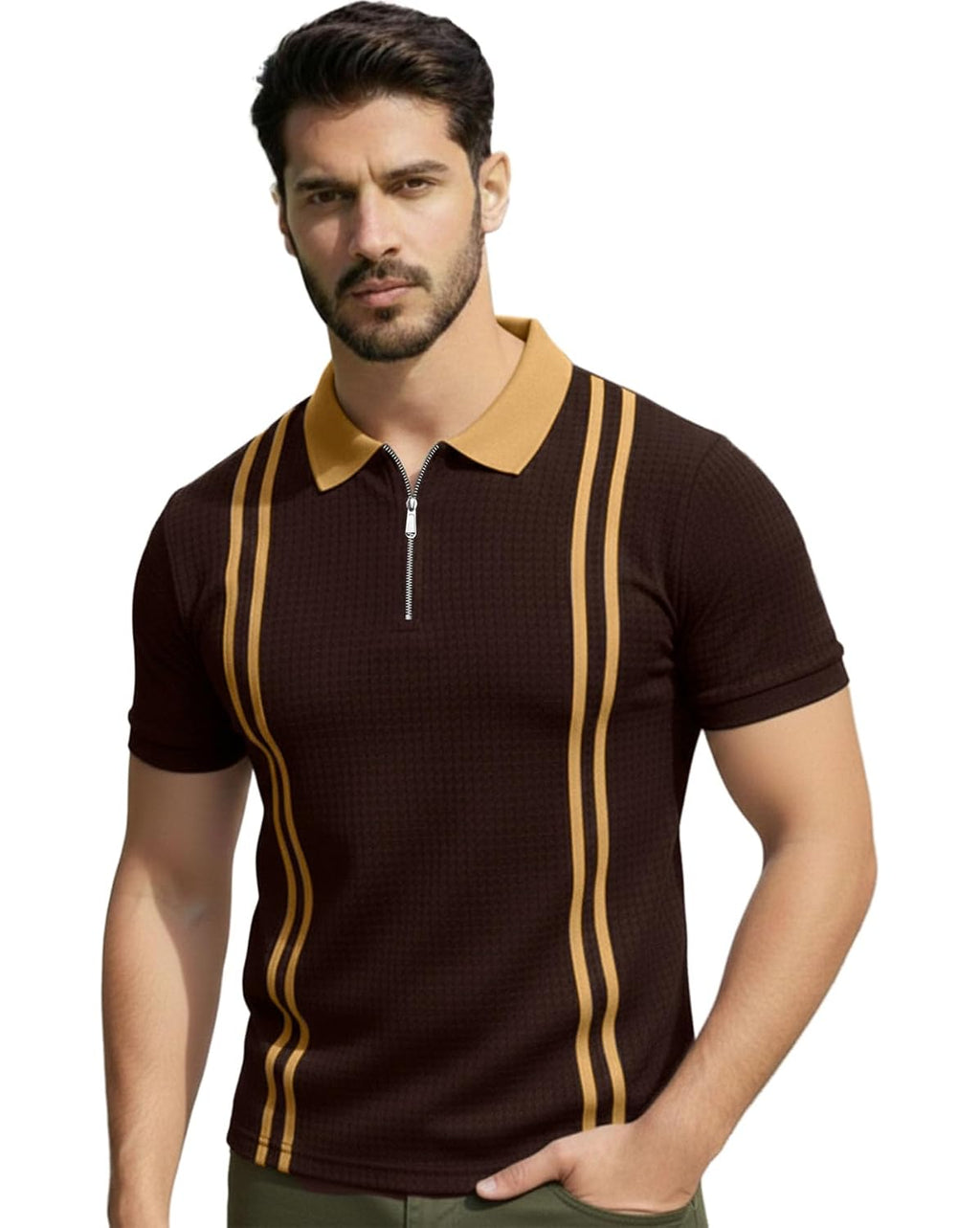 Colorblock Polo T-Shirt - Brown & Beige - image 1