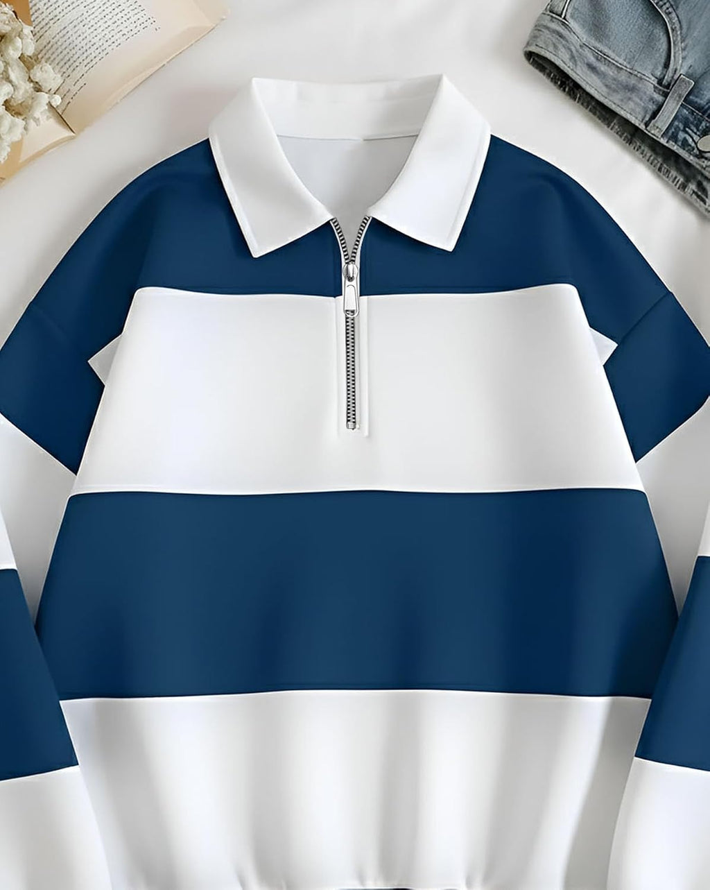 Waffle Knit Full Sleeve Polo T-Shirt - Teal & White - image 4