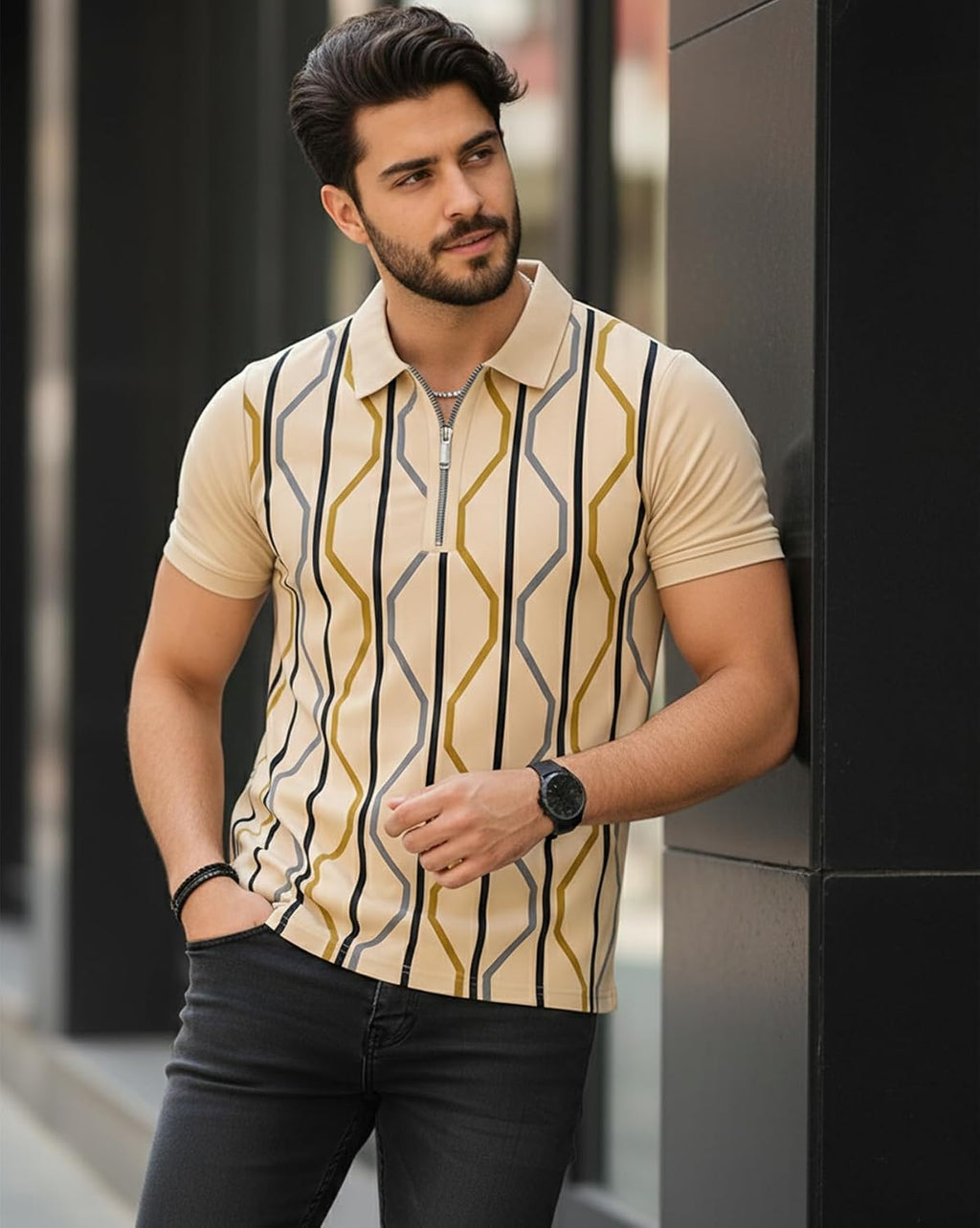 Striped Zip Polo T-Shirt - Beige - image 4