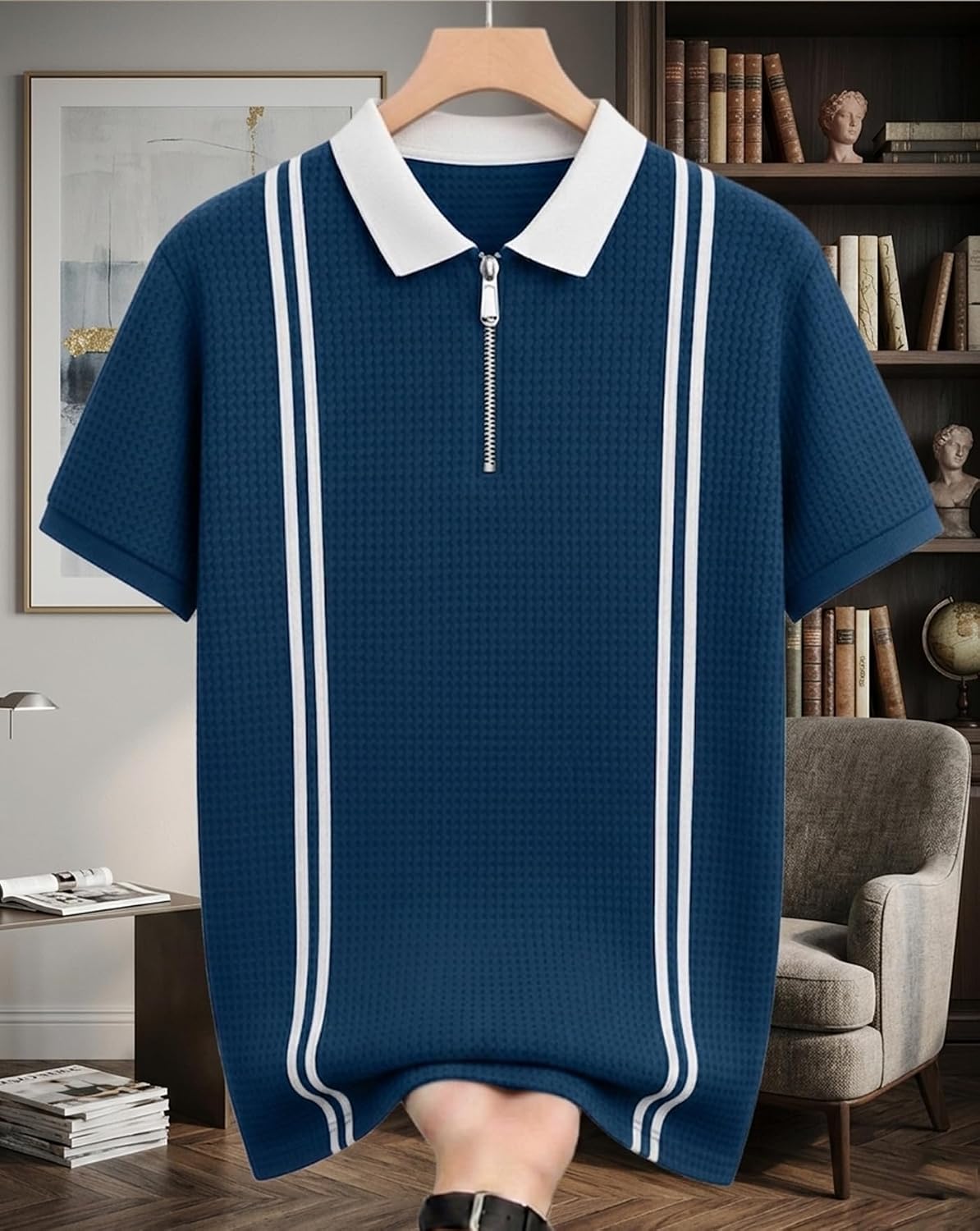 Striped Zip Polo T-Shirt - Teal Blue - image 2