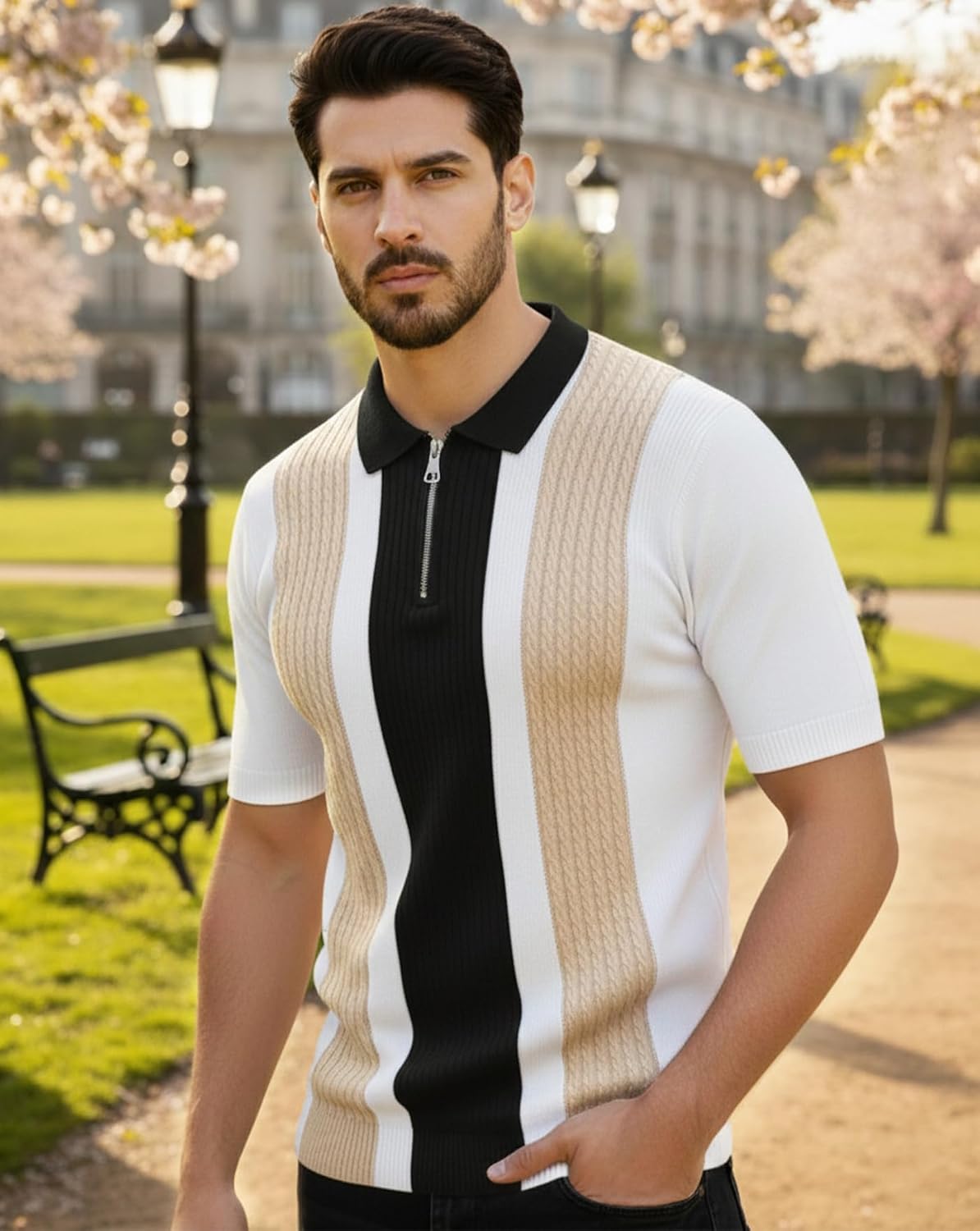 Textured Zip Polo T-Shirt - White - image 2