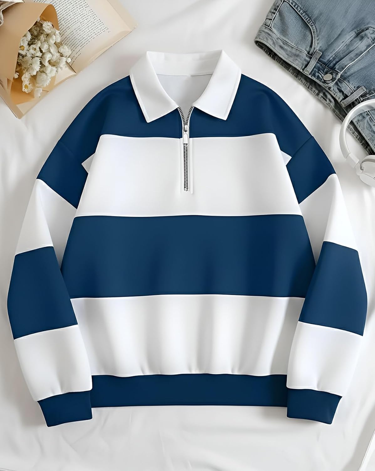 Waffle Knit Full Sleeve Polo T-Shirt - Teal & White - image 2