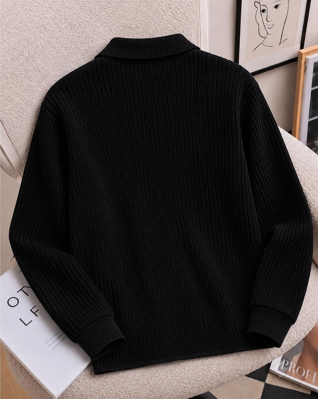 Textured Full Sleeve Zip Polo T-Shirt - Black - image 3