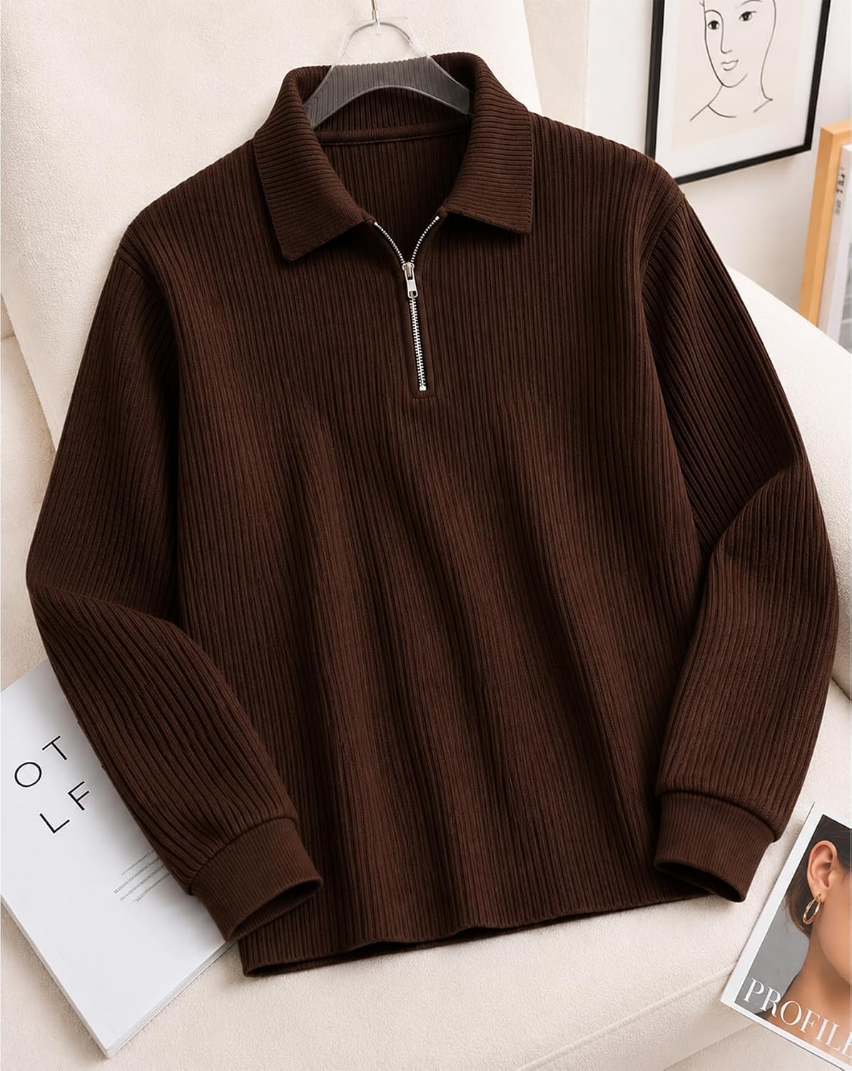 Textured Full Sleeve Zip Polo T-Shirt - Brown - image 2
