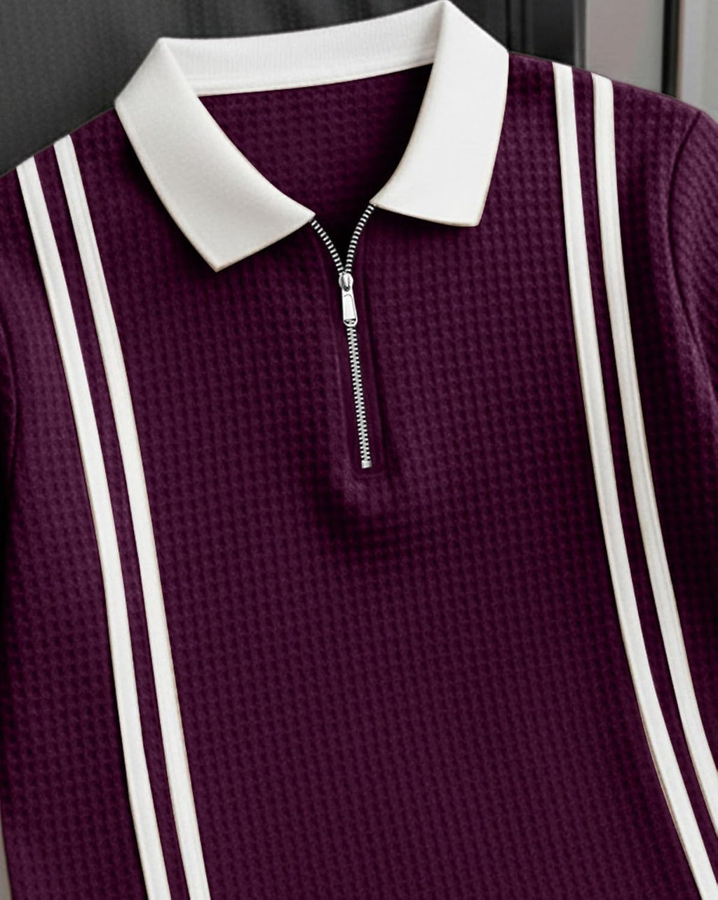 Textured Zip Polo T-Shirt - Purple - image 4