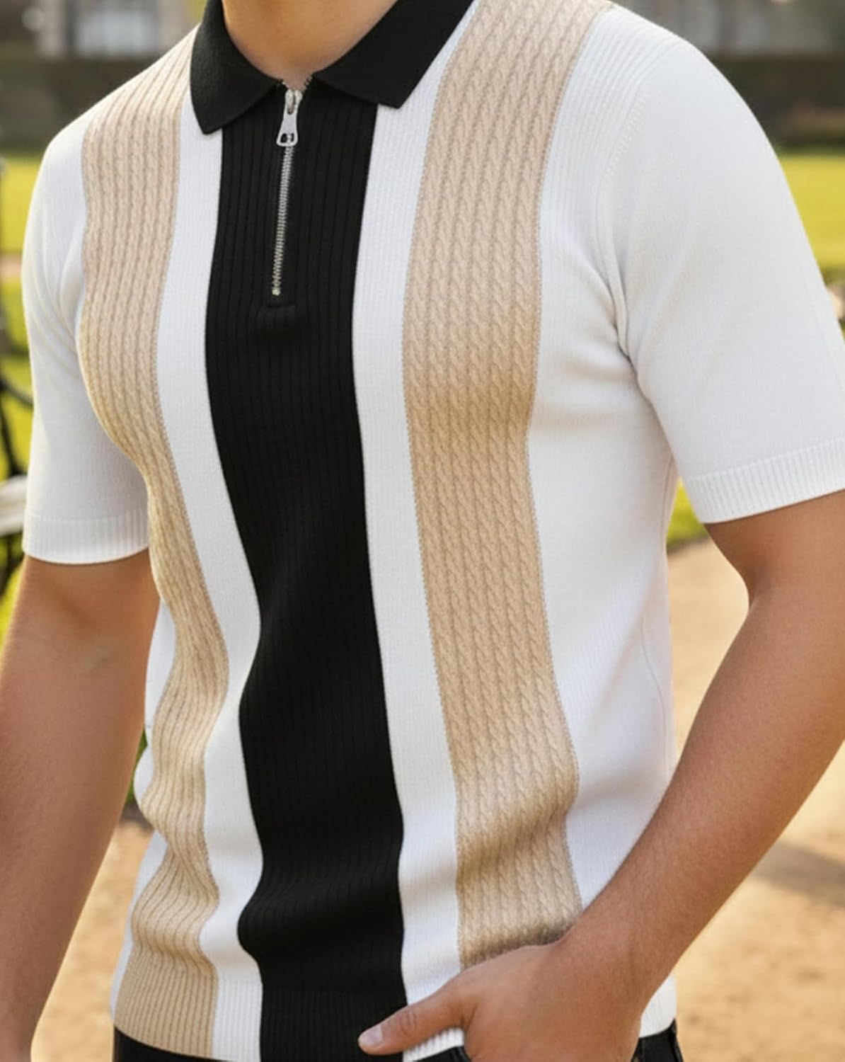 Textured Zip Polo T-Shirt - White - image 3