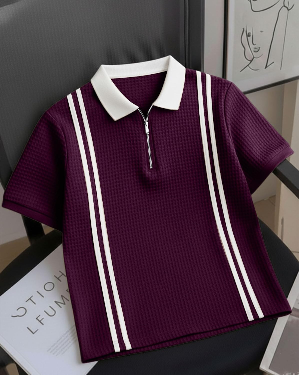 Textured Zip Polo T-Shirt - Purple - image 2