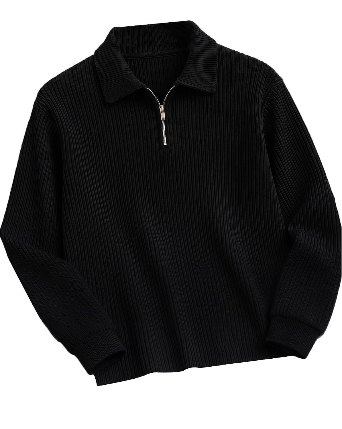 Textured Full Sleeve Zip Polo T-Shirt - Black - image 1