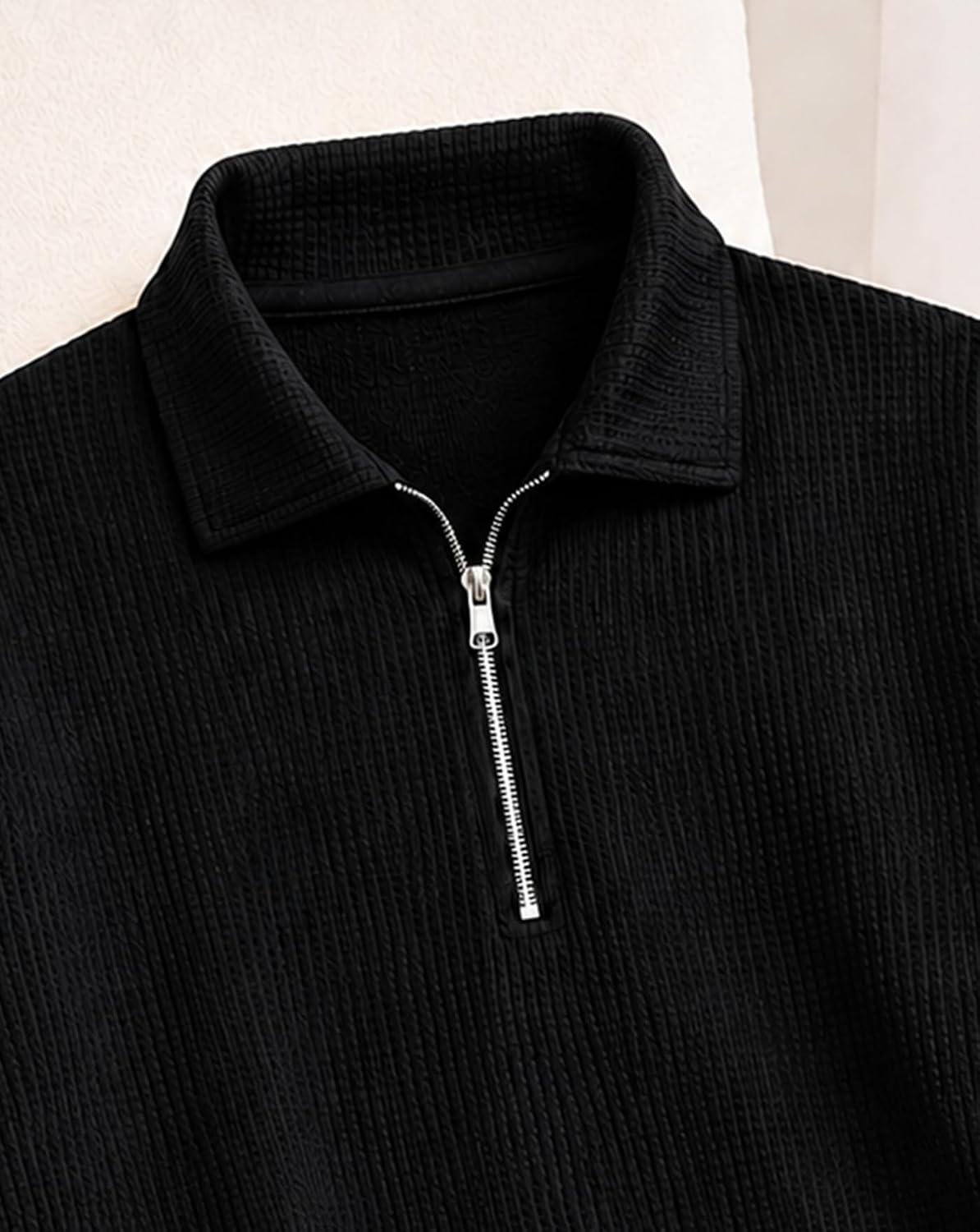 Waffle Knit Full Sleeve Polo T-Shirt - Black - image 4