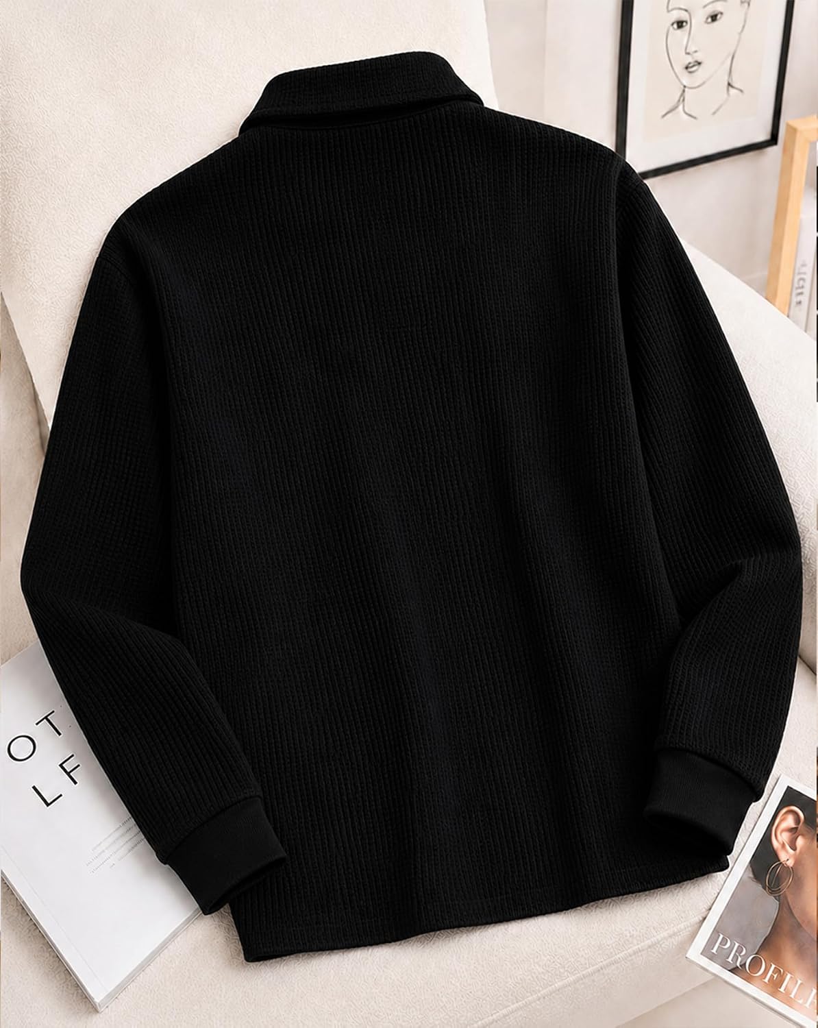 Waffle Knit Full Sleeve Polo T-Shirt - Black - image 3
