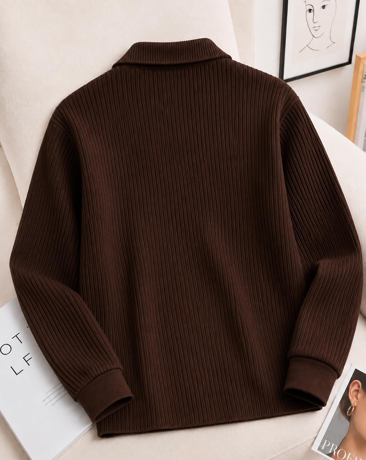 Textured Full Sleeve Zip Polo T-Shirt - Brown - image 3