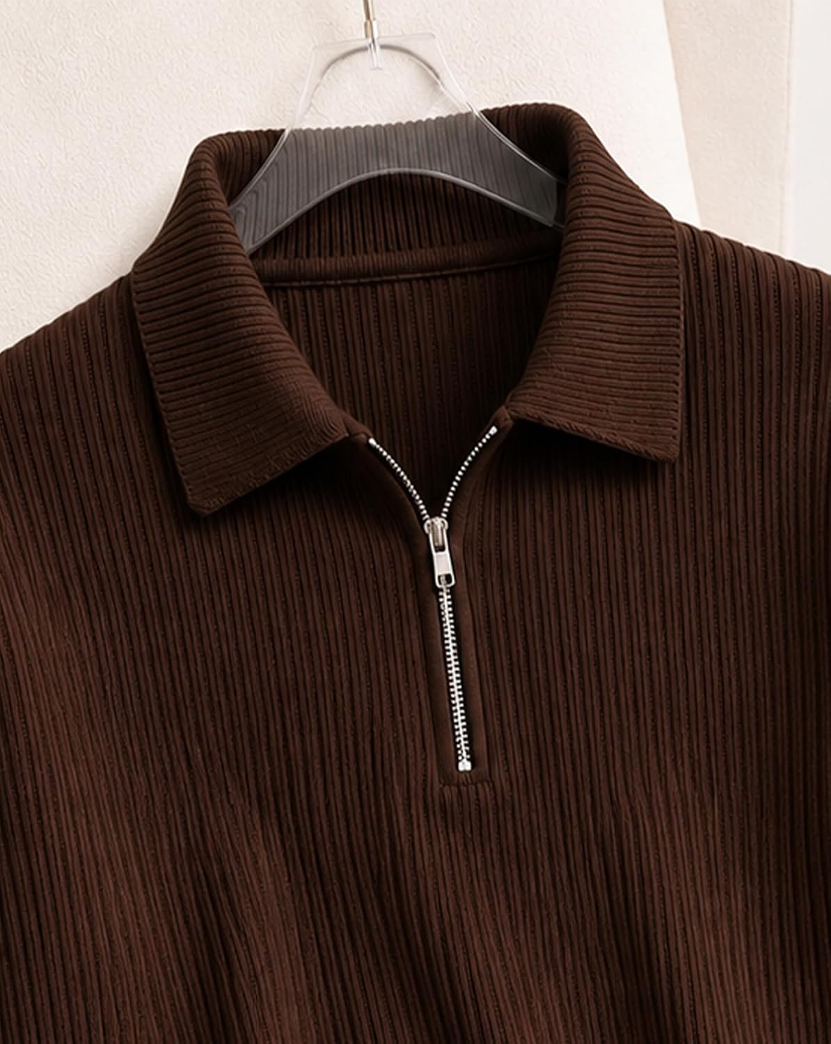 Textured Full Sleeve Zip Polo T-Shirt - Brown - image 4