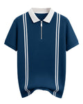 Striped Zip Polo T-Shirt - Teal Blue - image 1