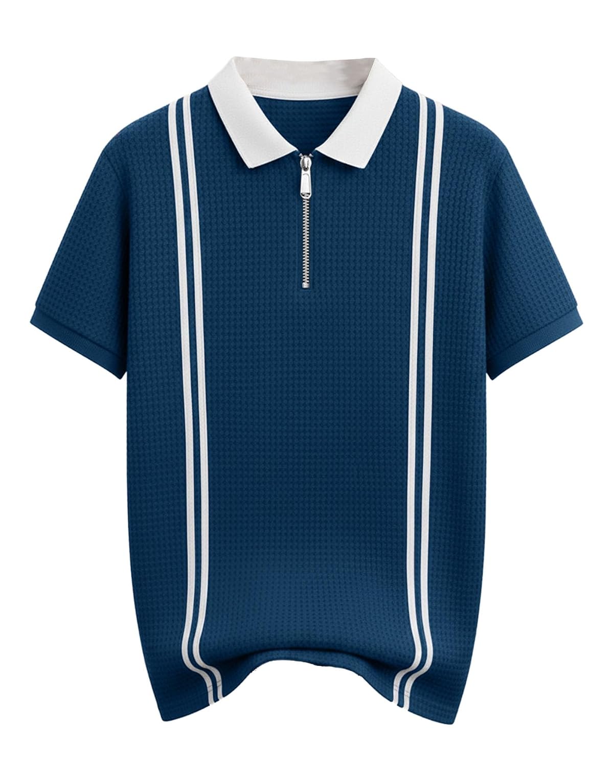 Striped Zip Polo T-Shirt - Teal Blue - image 1
