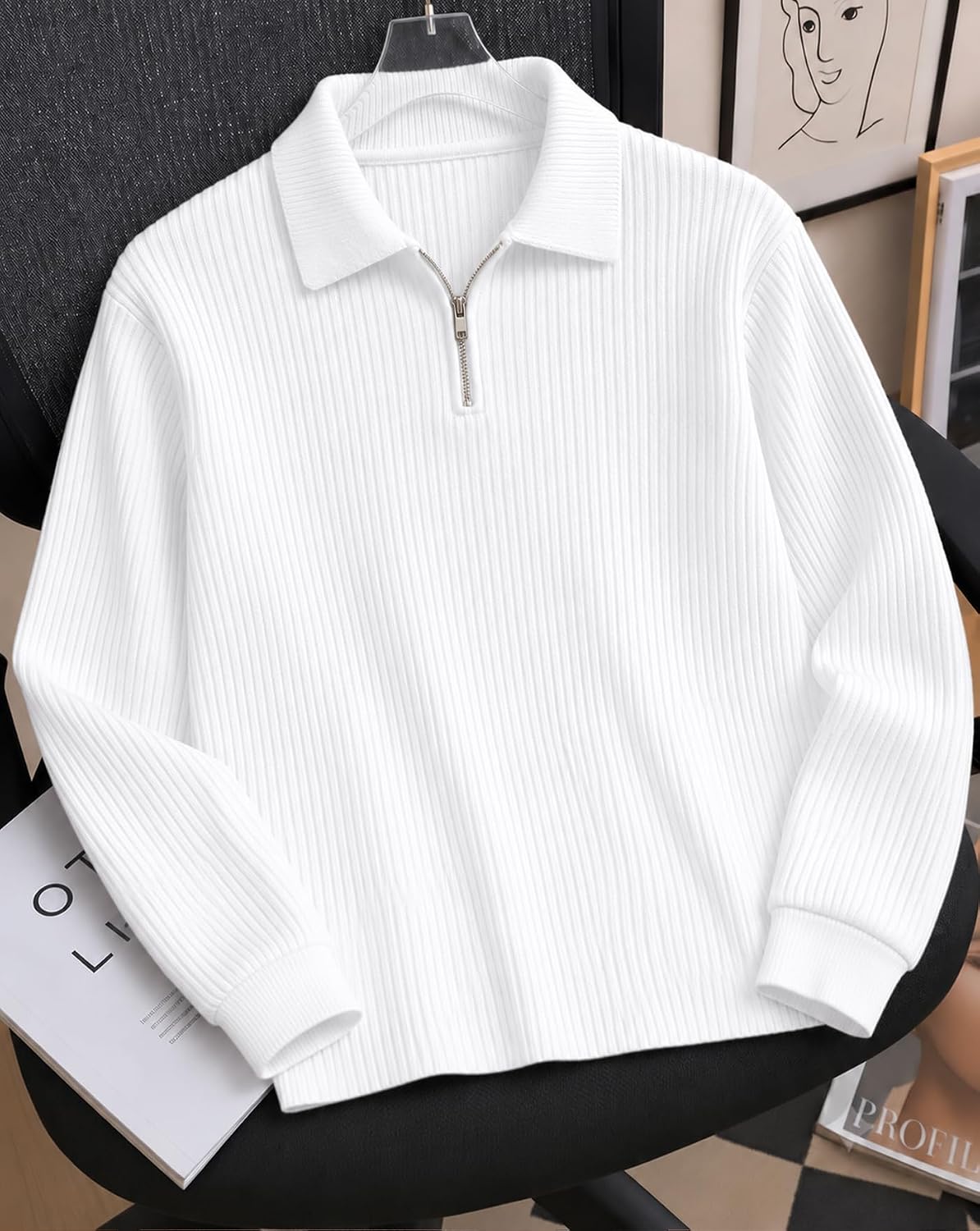 Textured Full Sleeve Zip Polo T-Shirt - White - image 2