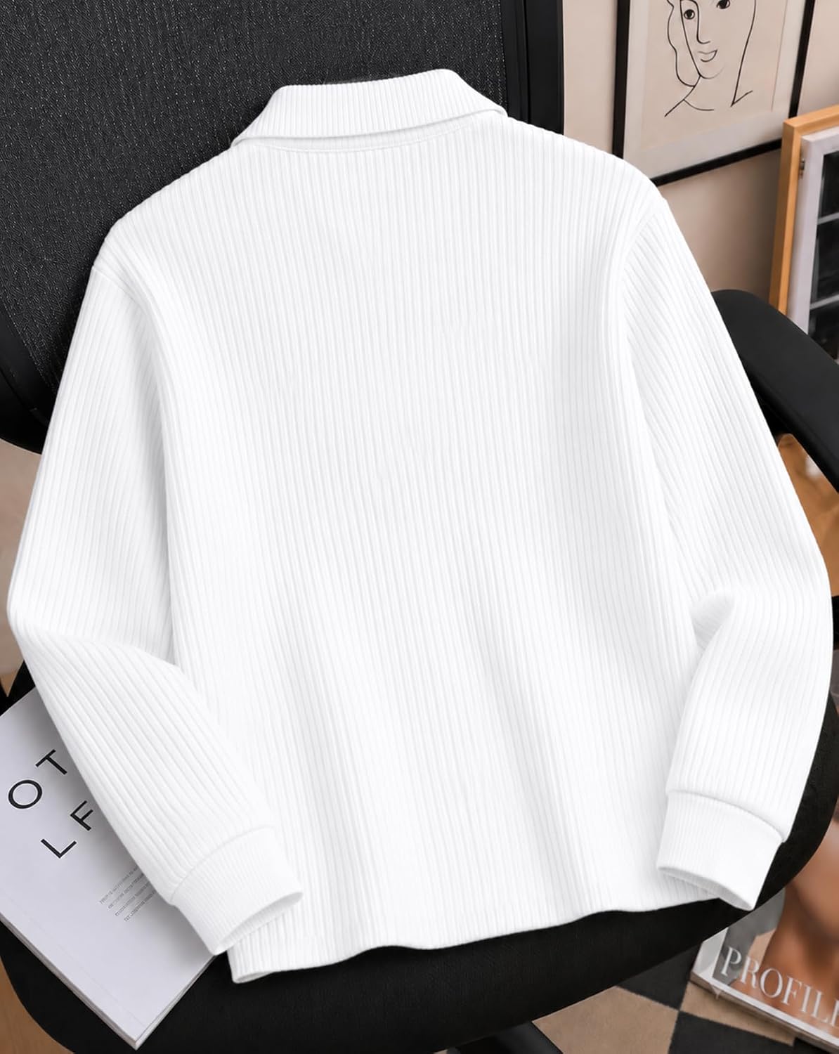 Textured Full Sleeve Zip Polo T-Shirt - White - image 3