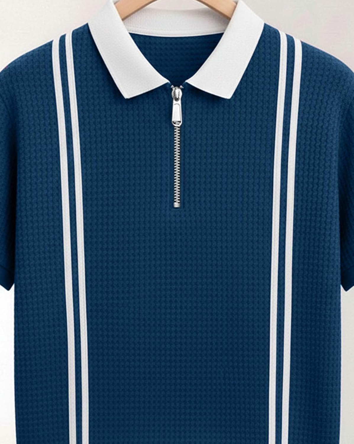 Striped Zip Polo T-Shirt - Teal Blue - image 4