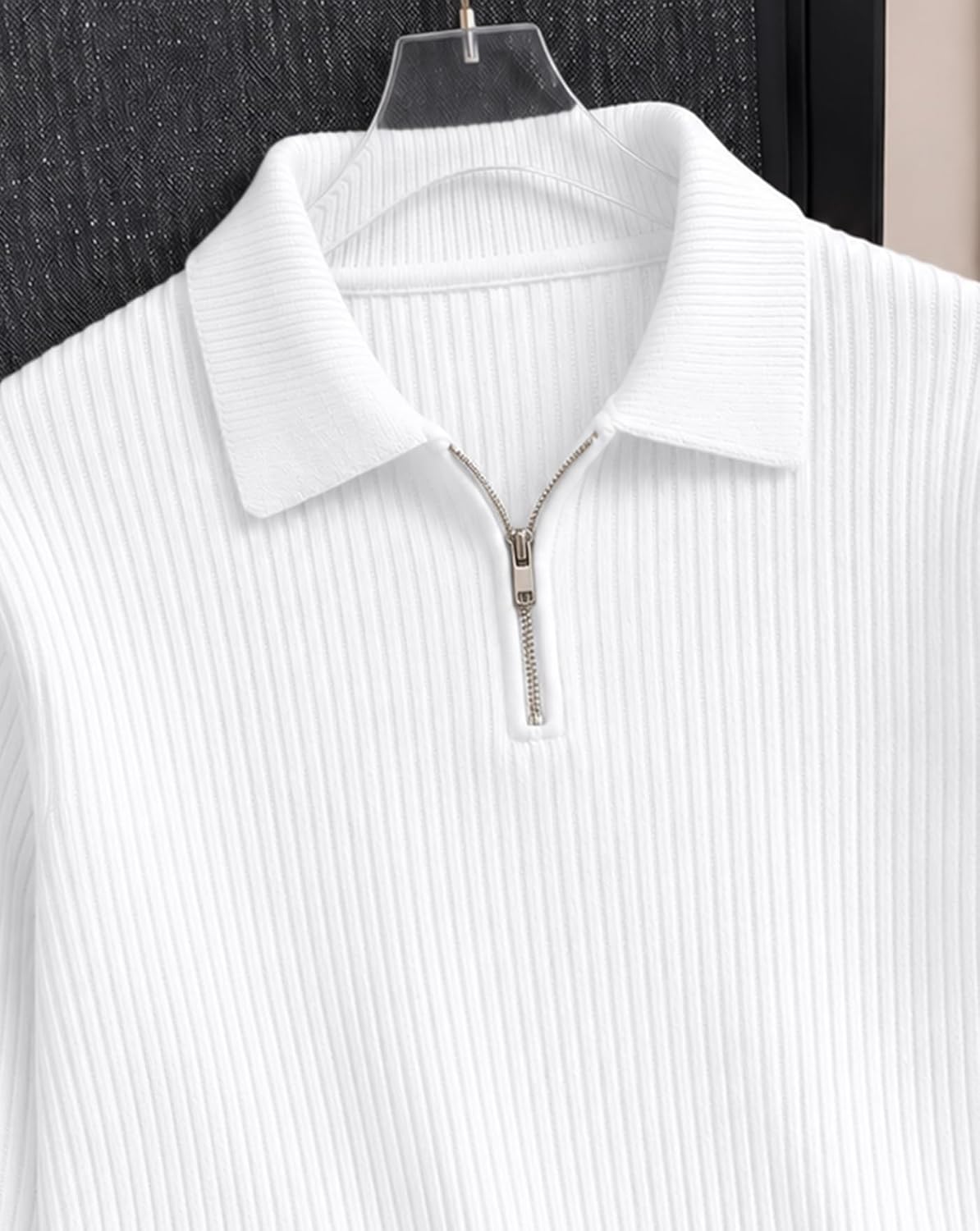 Textured Full Sleeve Zip Polo T-Shirt - White - image 4