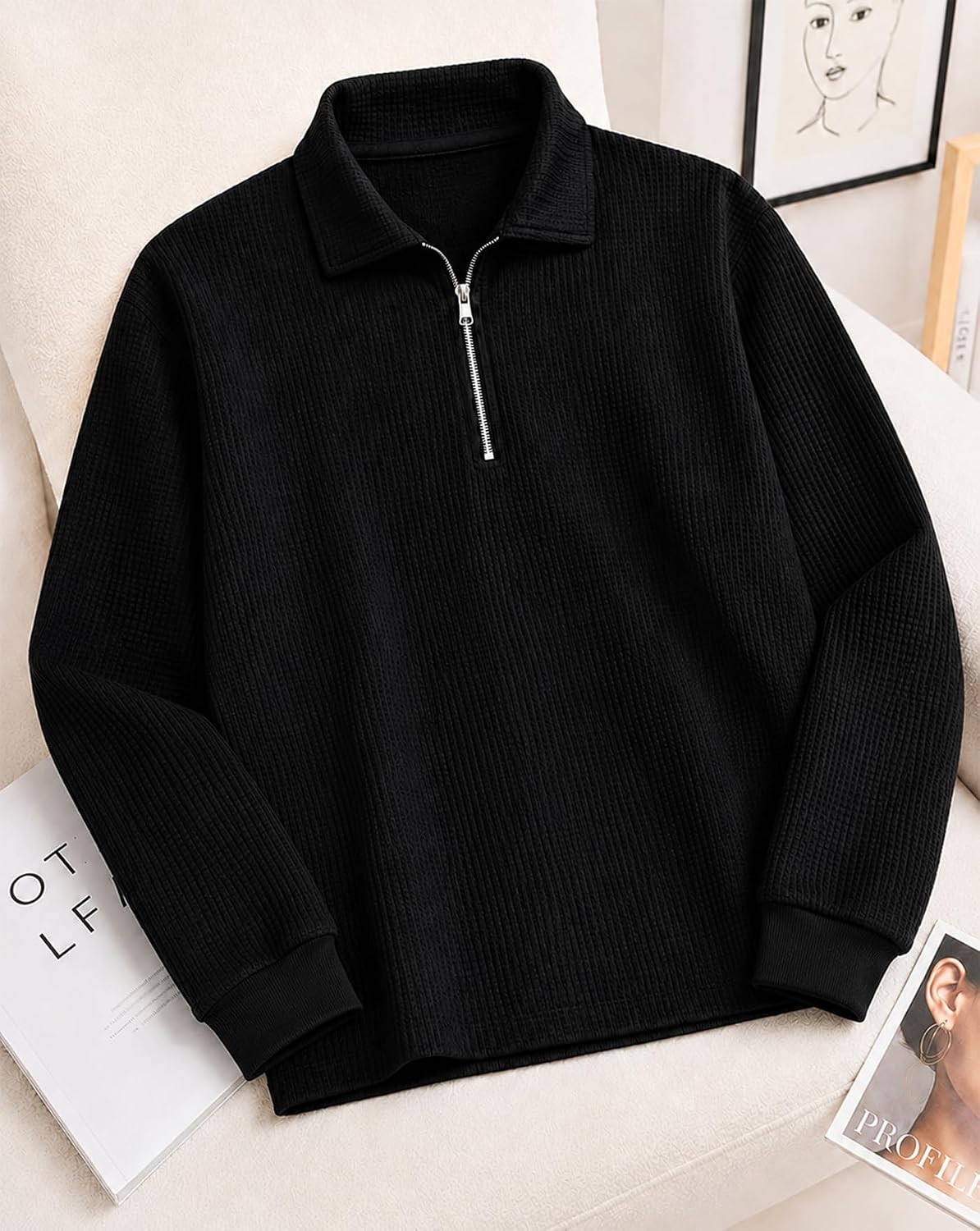 Waffle Knit Full Sleeve Polo T-Shirt - Black - image 2