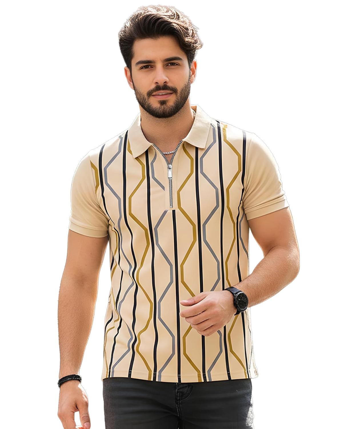 Striped Zip Polo T-Shirt - Beige - image 1