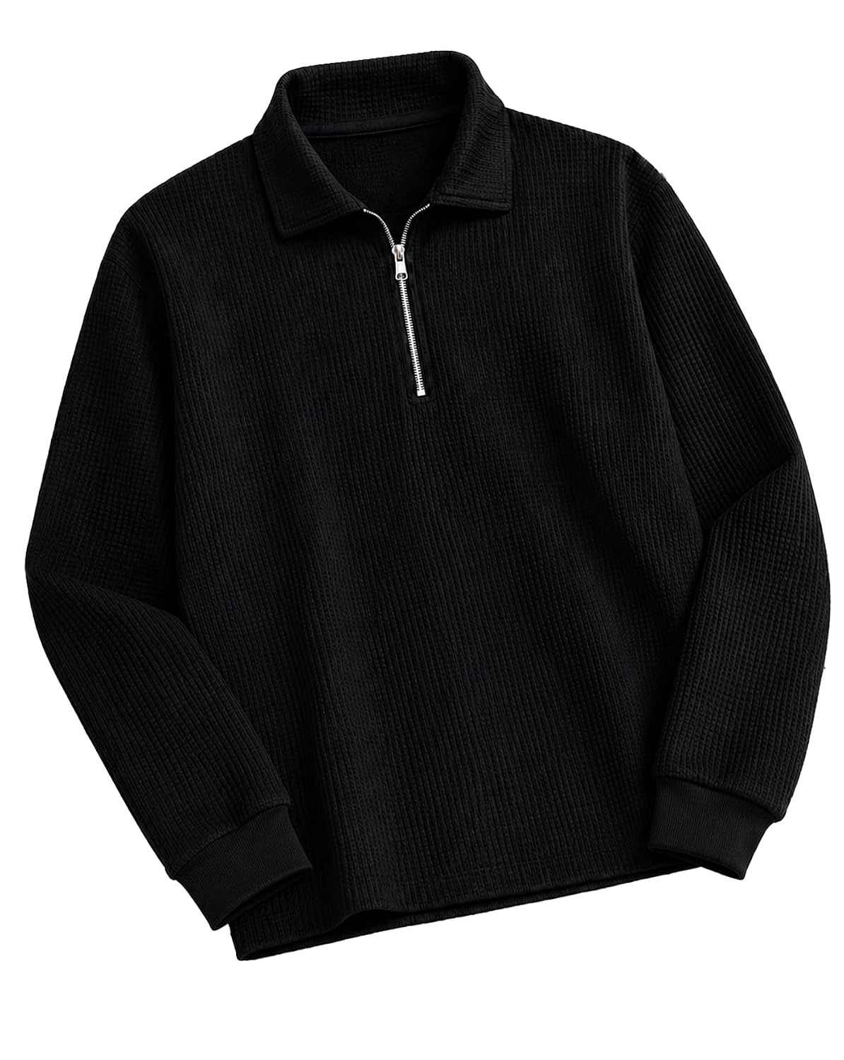 Waffle Knit Full Sleeve Polo T-Shirt - Black - image 1
