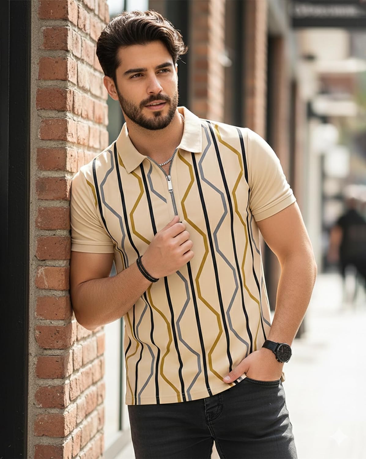 Striped Zip Polo T-Shirt - Beige - image 2