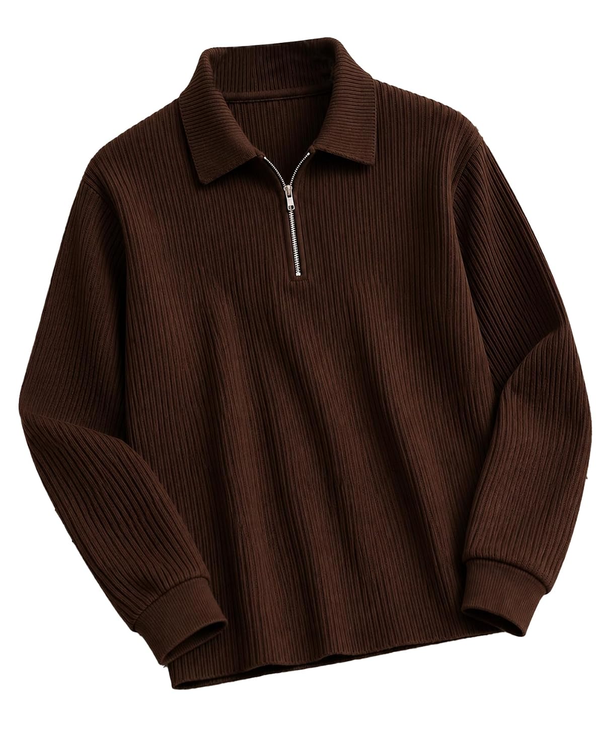 Textured Full Sleeve Zip Polo T-Shirt - Brown - image 1