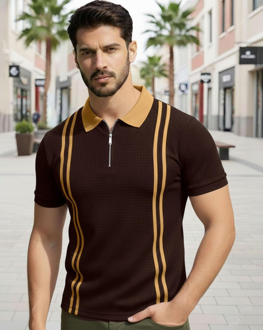 Colorblock Polo T-Shirt - Brown & Beige - image 2
