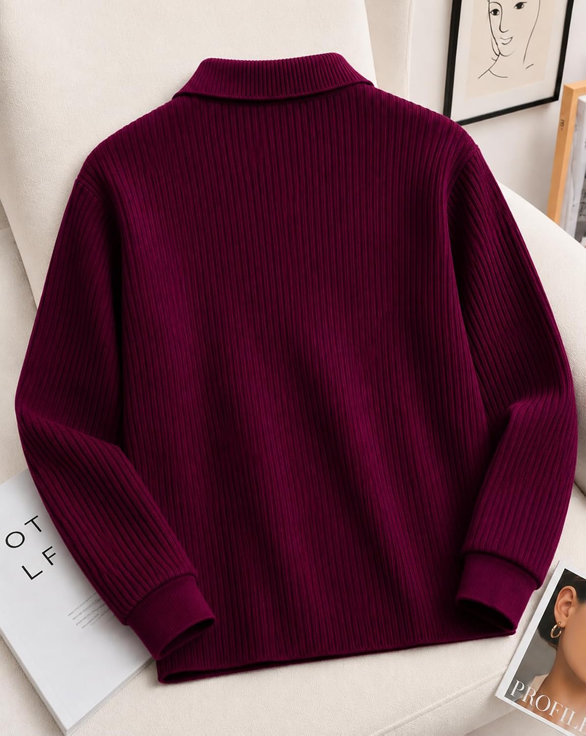 Textured Full Sleeve Zip Polo T-Shirt - Maroon - image 3