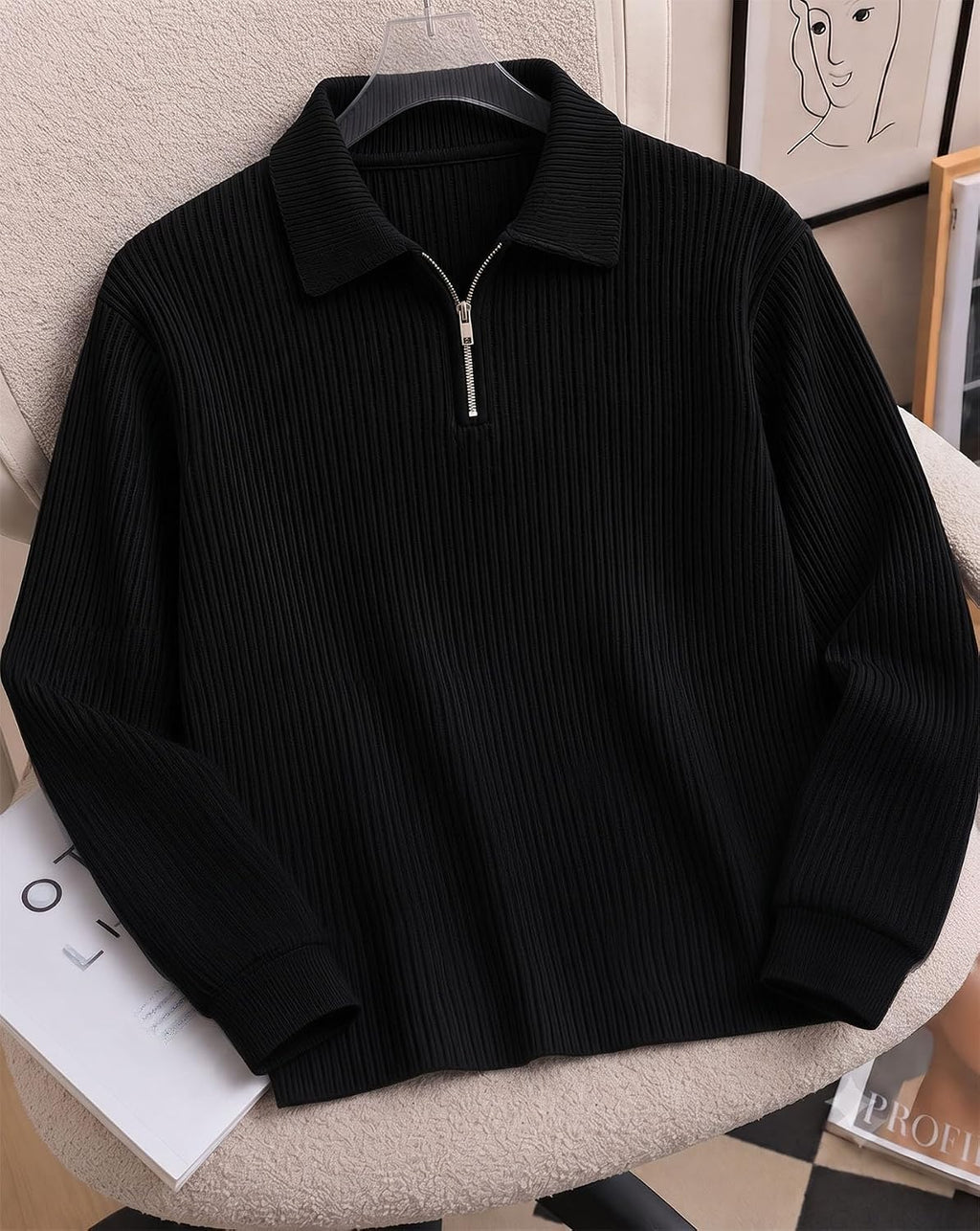 Textured Full Sleeve Zip Polo T-Shirt - Black - image 2