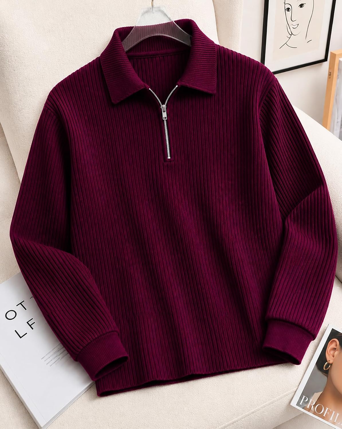 Textured Full Sleeve Zip Polo T-Shirt - Maroon - image 2