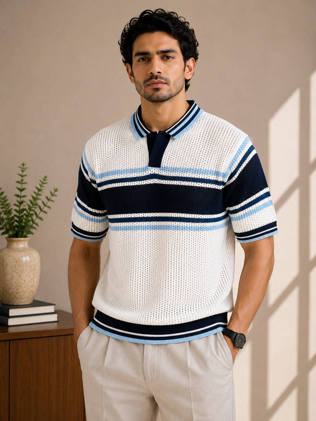 Striped Polo Neck White T-Shirt - image 1