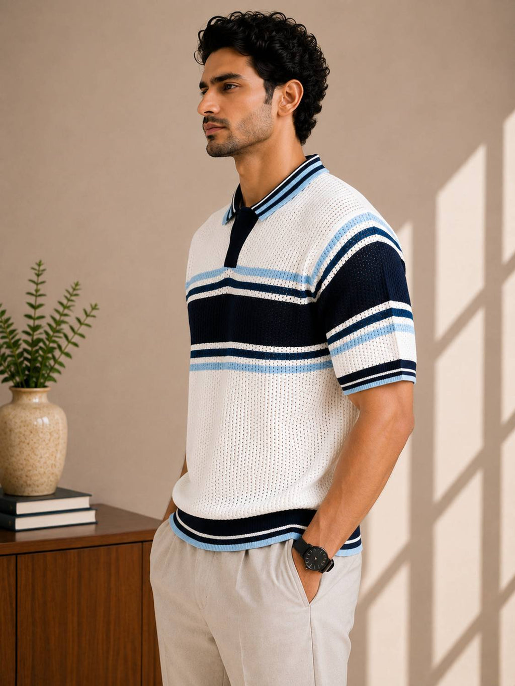 Striped Polo Neck White T-Shirt - image 3