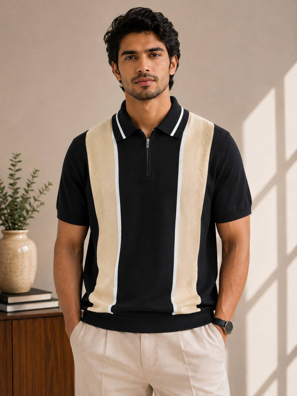 Striped Polo Neck Black T-Shirt - image 1