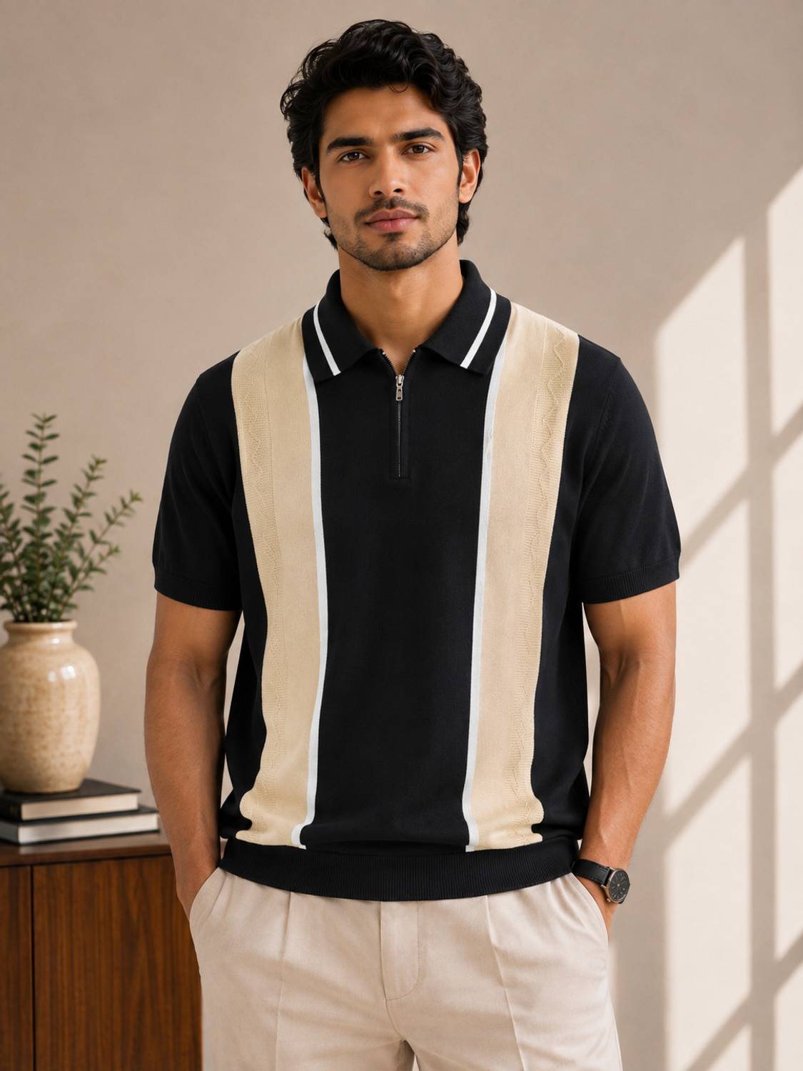 Striped Polo Neck Black T-Shirt - image 1