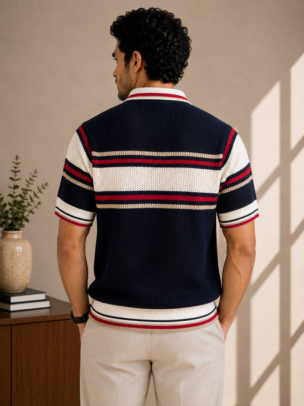 Striped Polo Neck Navy Blue T-Shirt - image 2