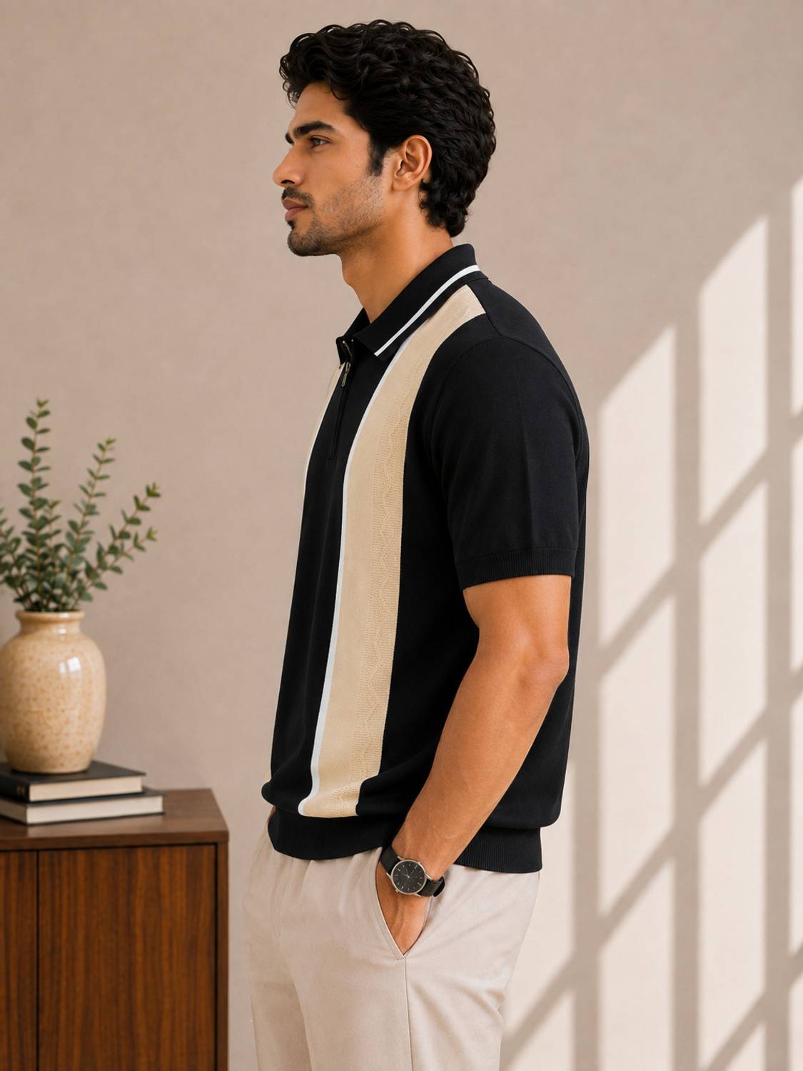Striped Polo Neck Black T-Shirt - image 3
