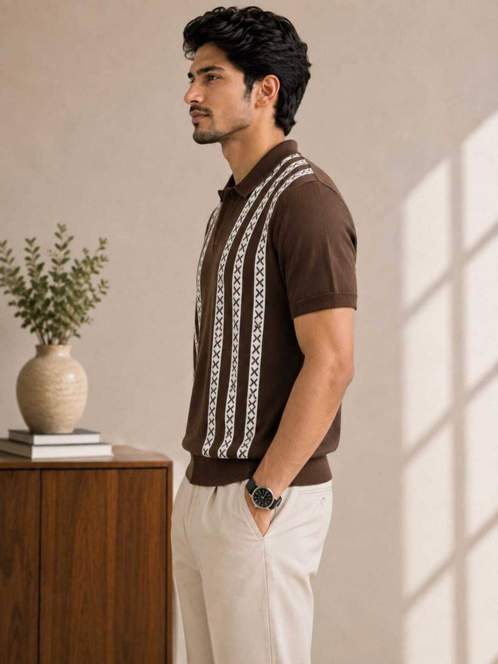 Graphic Print Polo Neck Brown T-Shirt - image 3