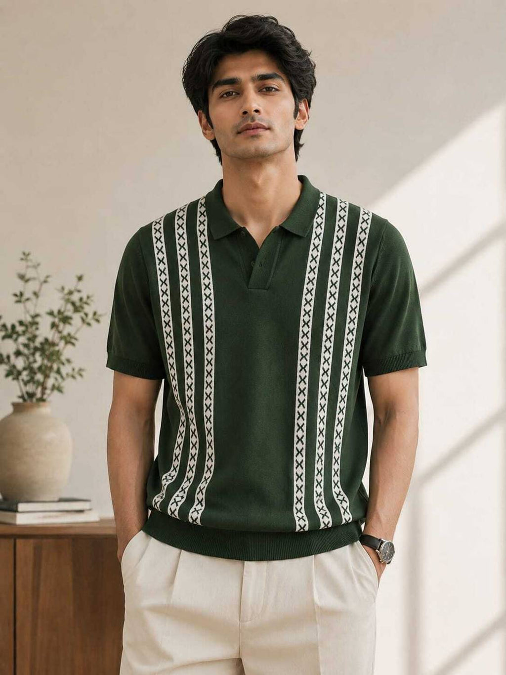 Graphic Print Polo Neck Green T-Shirt - image 1