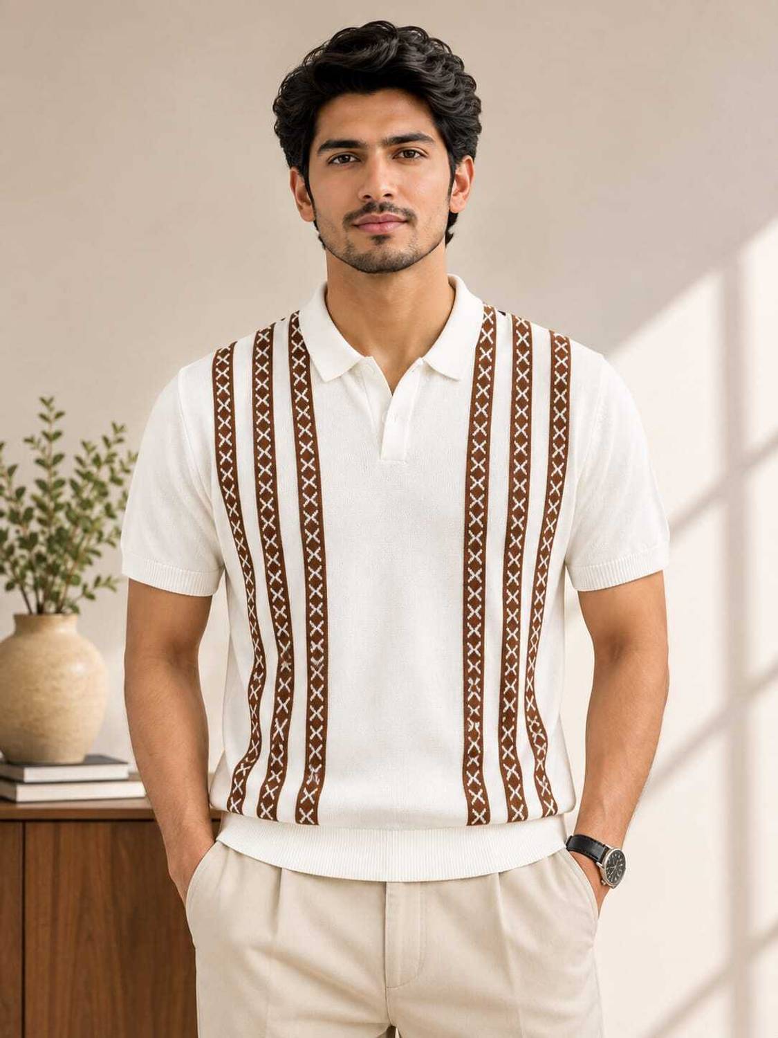 Graphic Print Polo Neck White T-Shirt - image 1